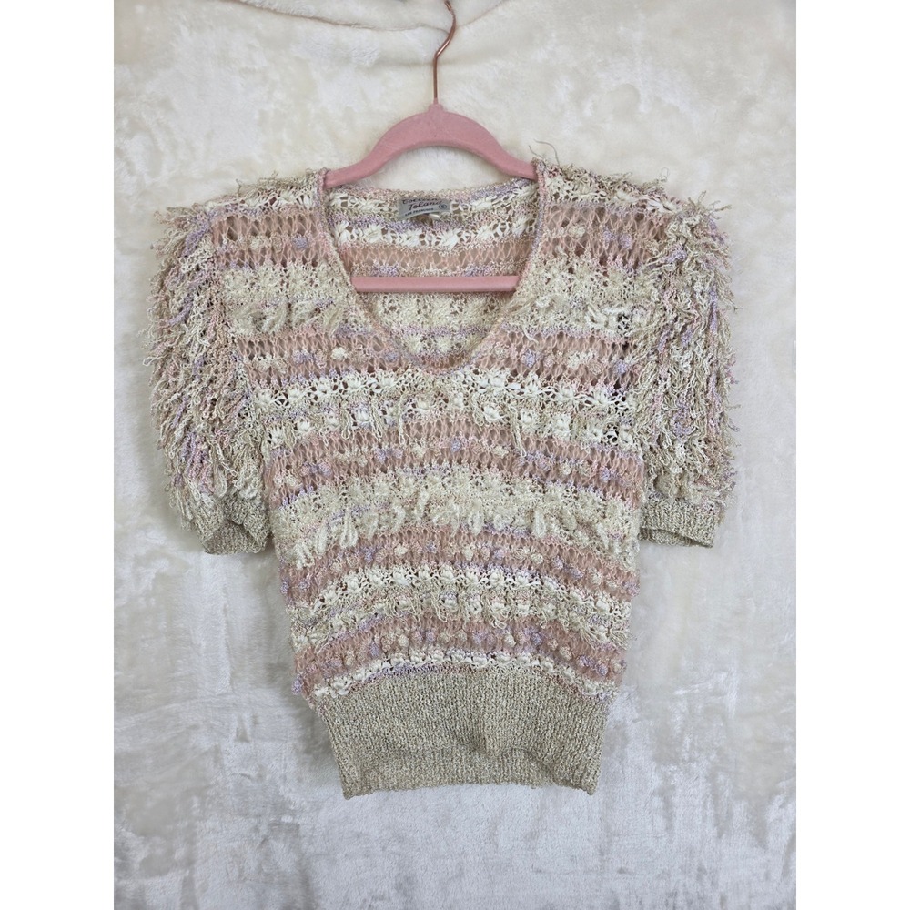 Colleen Toland Hand Knitted Artisan‎ Sweater V-Neck Fringe Boho Pink Cream Small